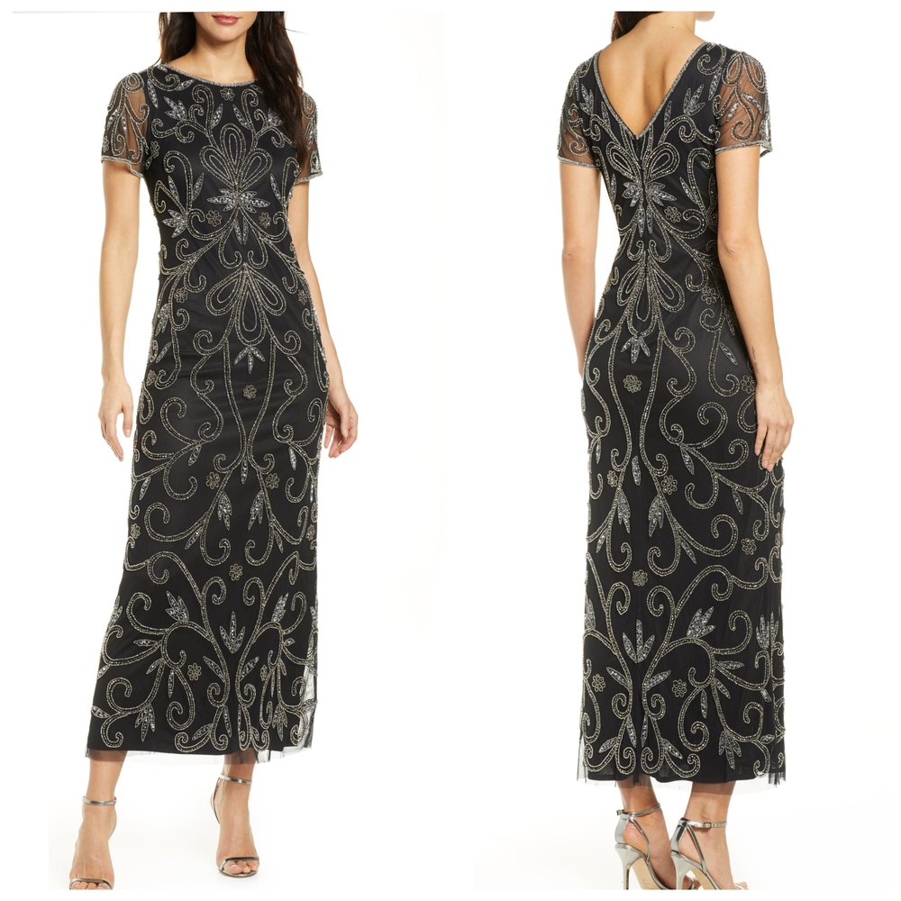 Elegant Black and Silver Embellished Evening Dress